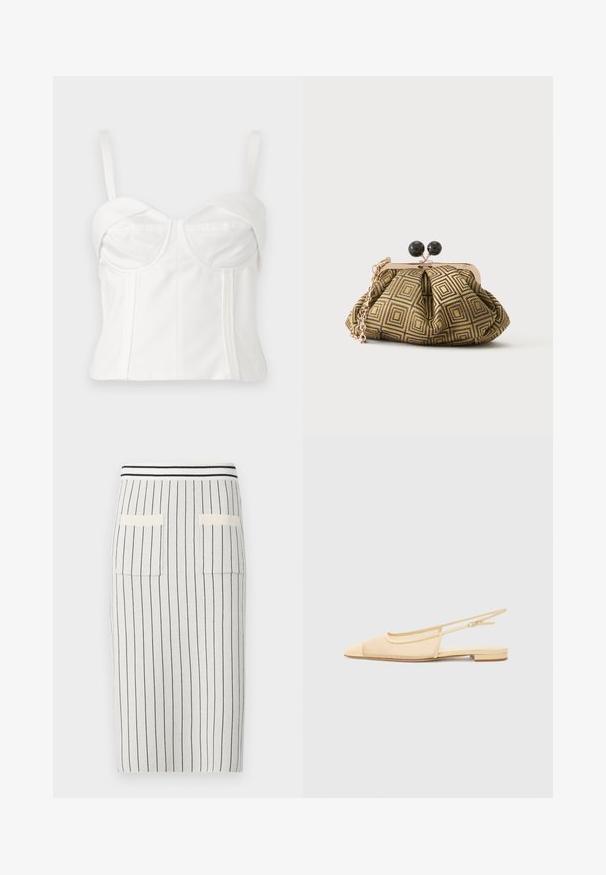 Weiße, verkürzte Bralette mit verstellbaren Trägern, weichem Stoff, tailliertem Oberteil, abgerundetem Ausschnitt und Seitennähten für eine definierte Silhouette.; Strick-Minirock in hellgrau mit dunklen vertikalen Streifen, ausgestattet mit einem gerippten Taillenbund und zwei aufgesetzten Taschen auf der Rückseite. Weiche Textur.; Slingback-Ballerina in hellbeige mit einem Netz-Obermaterial, spitz zulaufender Zehenpartie und niedrigem Absatz. Verfügt über einen verstellbaren Riemen für eine optimale Passform.; Kleine Clutch mit goldenem und schwarzem geometrischem Muster, goldfarbenem Metallrahmen, schwarzem Kugelverschluss und kurzem goldfarbenem Kettenriemen.