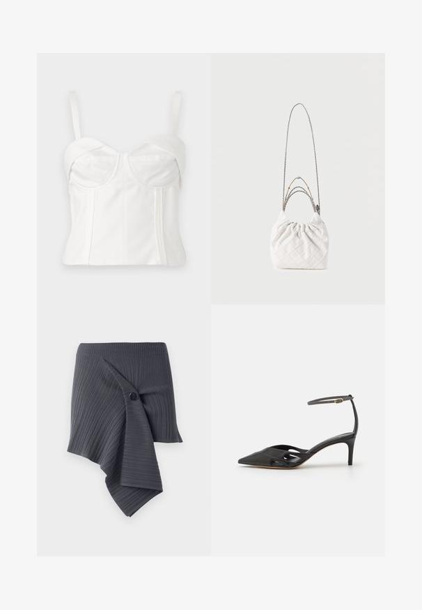 Hvid cropped bralette med justerbare stropper, blødt stof, struktureret krop, buet halsudskæring og sidesømme for definition.; Mørkegrå ribbet omslagsskjørt med et snoet design og en rund sort knapaccent. Fremstillet af et struktureret, strækbart materiale.; Sort læder højhælet sko med spids tå, åbne sider og en tynd ankelrem med en lille guld detalje.; Hvid quiltet håndtaske med en samlet top, der har blandede kædestropper i sølv og guld. Blød tekstur og kompakt, rund form.