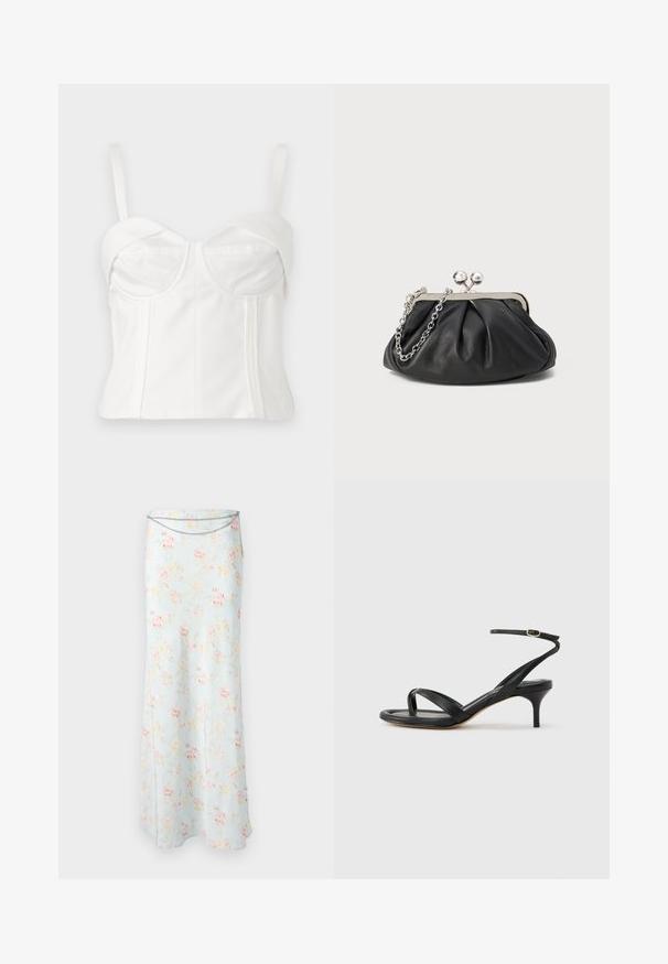 Valge lühendatud bralette reguleeritavate rihmadega, pehme kangaga, struktureeritud bodice'i, rõngaskaeluse ja külgõmblustega, mis annavad vormi.; Rabanne Maksiseelik - pink/blue/green/yellow; Mustast nahast naiste sandaal õhukeste rihmadega, varbaringi, pahkluu pandlaga ja keskmise kõrgusega kitsekontsaga neutraalsel taustal.; Musthave musta nahast käekott, millel on volditud tekstuur, hõbedane metallraam, lukustatud sulgemismehhanism ja kett. Sile ja pehme pind.