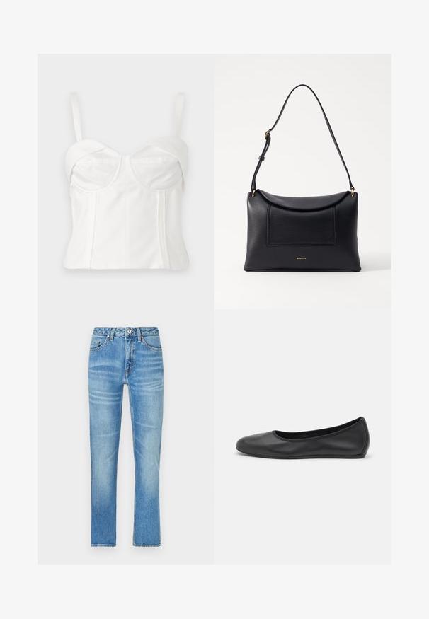 Bralette blanca cortada con tirantes ajustables, tejido suave, cuerpo estructurado, escote curvado y costuras laterales para definición.; Jeans de denim azul claro con corte recto, que cuentan con bolsillos frontales, cierre de botón y un ligero desgaste en la tela.; Bailarina de piel negra con punta redondeada, textura suave, detalle de costura minimalista y diseño de suela flexible.; Bolso de cuero negro con forma estructurada, tapa plegable y bolsillo delantero. Presenta una correa delgada y acentos en dorado.