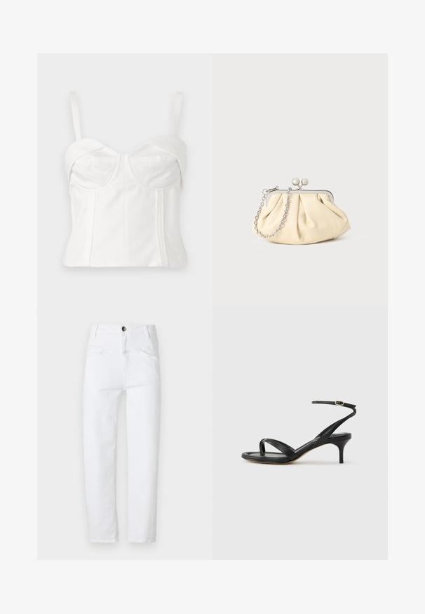 Hvid cropped bralette med justerbare stropper, blødt stof, struktureret krop, buet halsudskæring og sidesømme for definition.; Hvide denim jeans med høj talje, lige snit, to frontlommer og en enkelt baglomme. Har en metalknap og lynlås.; Sort damesandal i læder med tynde remme, en tå-loop, ankelspænde og en mellemhøj stiletthæl på en neutral baggrund.; Plisseret beige læderclutch med en sølvmetalramme, der har to runde dekorative låse og en sølvkædetrasporte.