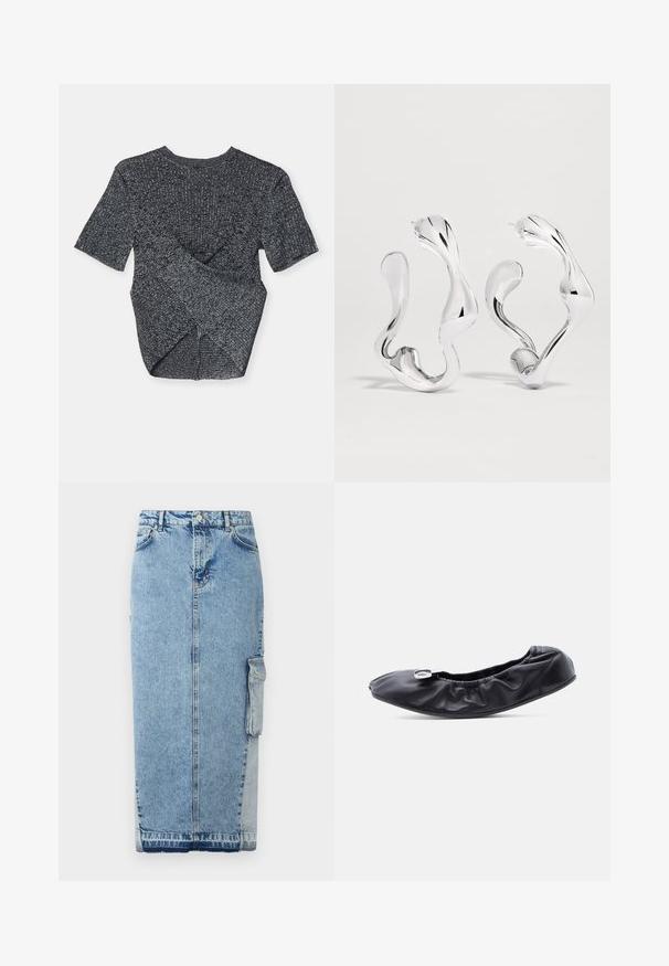 T-shirt gris à manches courtes en tricot avec un motif texturé, présentant un design superposé à l'arrière et un col rond classique.; Jupe en denim bleu clair, avec une coupe droite, fermeture à boutons sur le devant, poches latérales et un panneau en tissu contrastant distinct.; Chaussure plate en cuir noir avec un bout arrondi et un design froncé le long de l'ouverture. Présente un détail discret en métal argenté sur le devant.; Boucles d'oreilles créoles ondulées abstraites en ton argent avec une surface lisse et réfléchissante et des formes organiques irrégulières.
