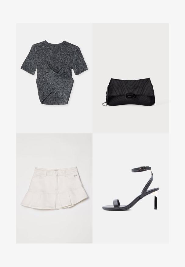 Grå kortærmet strikket top med et struktureret mønster, der har et overlapdesign bagpå og en klassisk rund halsudskæring.; Hvid denimnederdel med en tætsiddende talje og en udvidet plisseret kant. Inkluderer forlommer og en lille logo detalje på taljen.; Sort hæl-sandal med stropper, ankelspænde, slank hæl og åben tå mod en ensartet hvid baggrund.; Sort clutch taske med tekstureret stof og sølvkæde-rem, med et centralt sort og sølv Emporio Armani logo-plade.