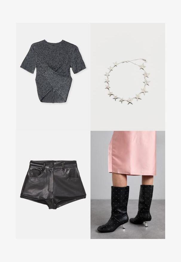 Grijs kortlijn gebreid topje met een textuurpatroon, voorzien van een overlappend ontwerp aan de achterkant en een klassieke ronde halslijn.; Zwarte faux leren shorts met een hoge taille, voorzien van twee voorzakken, zichtbare stiksels en een gladde textuur.; Zwarte kniehoge laarzen van een glad materiaal, met een subtiel gestikte patroon en zilverkleurige hak. Gecombineerd met een roze satijnen jurk.; Zilveren stervormige schakelketting met sterren van verschillende groottes en een kleine kreeftensluiting op een witte achtergrond.