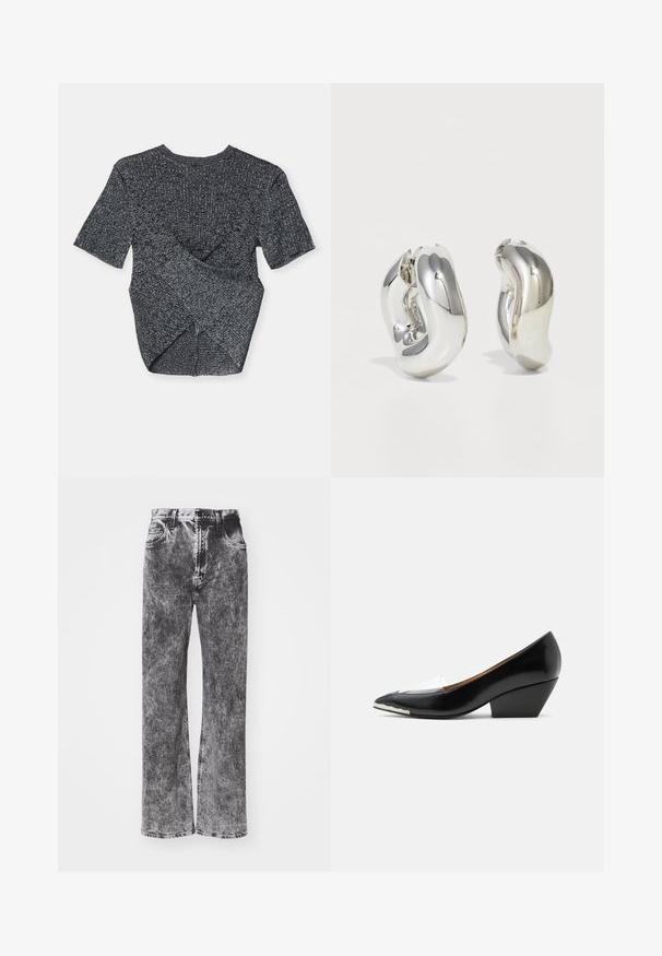 Grå kortærmet strikket top med et struktureret mønster, der har et overlapdesign bagpå og en klassisk rund halsudskæring.; Højtaljede, vide jeans i en sort og grå fadet vask, med fem lommer og kontrasterende syninger langs kanten.; Sort damesko med lav hæl, spids tå, transparent rem og hvid detalje på forreste sål, vist i sideprofil på hvid baggrund.; Sølvskulpturelle øreringe med glatte, buede former og reflekterende overflader. Har et lukket hoop-design og en markant organisk form.