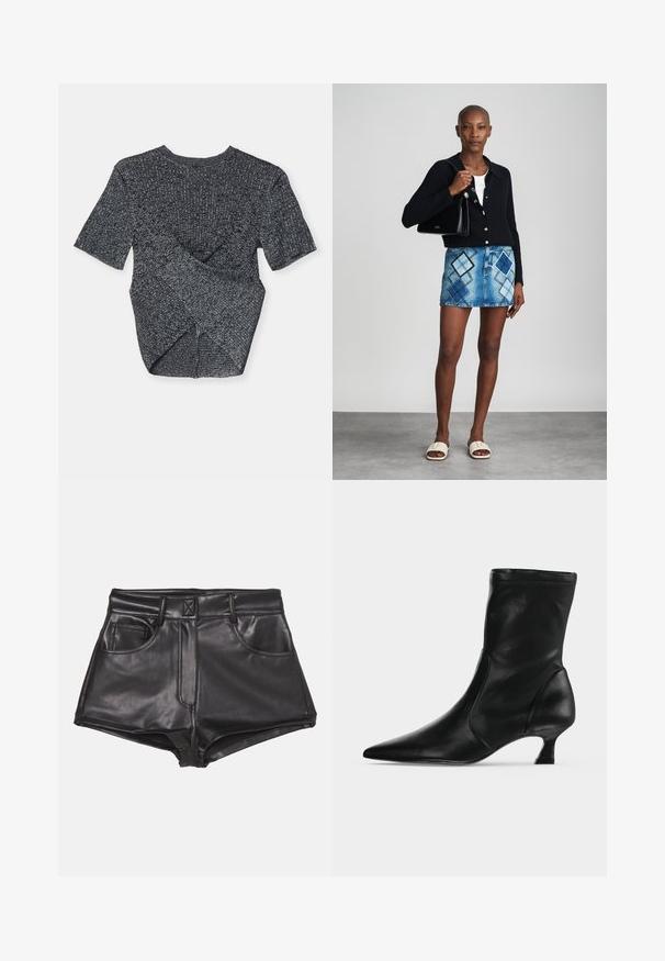 Top de punto gris de manga corta con un patrón texturizado, que presenta un diseño superpuesto en la parte posterior y un clásico cuello redondo.; Pantalones cortos de imitación cuero negros con cintura alta, que cuentan con dos bolsillos frontales, costuras visibles y una textura suave.; Bota negra de cuero hasta media pantorrilla con puntera puntiaguda y tacón bajo tipo kitten, vista de lado sobre un fondo claro y liso.; Cárdigan negro de punto, blusa blanca, falda de mezclilla con patrón de diamantes en azul y negro, bolso negro y sandalias deslizantes beige.