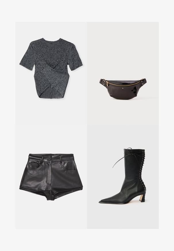 Top de punto gris de manga corta con un patrón texturizado, que presenta un diseño superpuesto en la parte posterior y un clásico cuello redondo.; Pantalones cortos de imitación cuero negros con cintura alta, que cuentan con dos bolsillos frontales, costuras visibles y una textura suave.; Botín de cuero negro con punta puntiaguda, tacón delgado, detalle de cordones en la parte trasera y ojales metálicos. Textura suave con un diseño elegante.; Riñonera de piel negra y brillante con un diseño curvado, acento de cremallera dorada, correa ajustable y pequeños detalles decorativos.