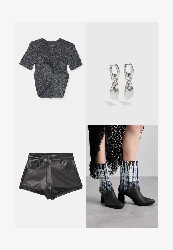 Top de punto gris de manga corta con un patrón texturizado, que presenta un diseño superpuesto en la parte posterior y un clásico cuello redondo.; Pantalones cortos de imitación cuero negros con cintura alta, que cuentan con dos bolsillos frontales, costuras visibles y una textura suave.; Botas de cuero negra hasta el tobillo con un tacón ancho, que presentan un distintivo patrón numérico azul y una cremallera lateral para el cierre.; Pendientes de aro de plata con enlaces ovalados alargados, con un acabado pulido y un colgante con textura. Diseño sencillo con bordes suaves.