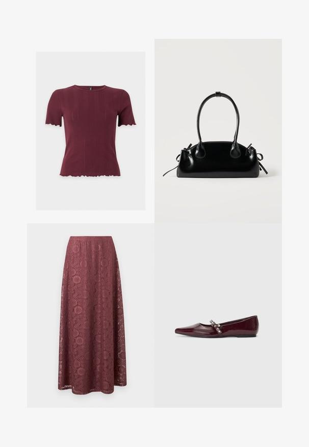 Kortermig bordeaux gebreid topje met geschulpte randen aan mouwen en zoom, met een ronde halslijn en subtiele verticale structuur.; Lange mauve kanten rok met bloem- en geometrische patronen, A-lijn silhouet en een gladde tailleband.; Bordeaux lakleren ballerina's met een spitse neus, enkelband met zilveren hardware en een platte zool. Vloeiende, glanzende textuur.; Kleine zwarte glanzende handtas met twee lange hengsels en zijkant trekkoord details op een effen lichte achtergrond.