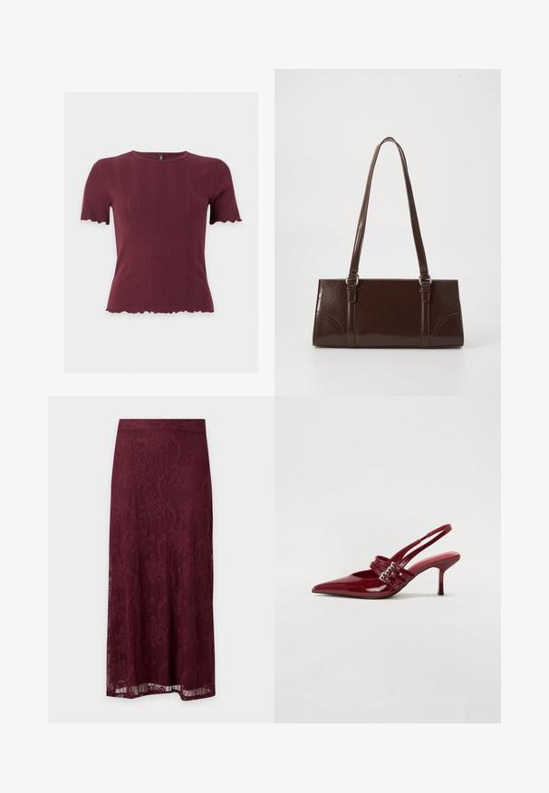 Haut en maille bordeaux à manches courtes avec bords festonnés aux manches et à l'ourlet, présentant un col rond et une texture verticale subtile.; Jupe midi en dentelle bordeaux à motif floral et coupe droite, avec une surcouche en dentelle semi-transparente et une ceinture unie.; Escarpins slingback en cuir verni rouge avec un bout pointu, deux brides à boucle et un talon aiguette slim de hauteur intermédiaire. Texture lisse.; Sac à main en cuir verni marron de forme rectangulaire, avec deux longues poignées et des accents courbés subtils à l'avant.