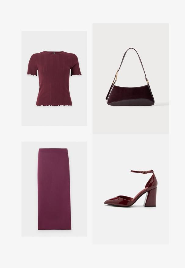 Haut en maille bordeaux à manches courtes avec bords festonnés aux manches et à l'ourlet, présentant un col rond et une texture verticale subtile.; Jupe crayon unie couleur prune, coupe droite et longueur mi-mollet, présentée à plat sur fond blanc.; Escarpin en cuir verni bordeaux à talon haut, avec un bout pointu, une bride de cheville et un talon épais. Texture lisse et design élégant.; Sac à main en cuir brun foncé brillant avec une bandoulière simple et des détails en métal doré sur un fond uni.