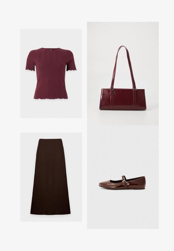 Haut en maille bordeaux à manches courtes avec bords festonnés aux manches et à l'ourlet, présentant un col rond et une texture verticale subtile.; Jupe marron foncé, longueur cheville, forme trapèze avec une texture lisse et unie et une taille ajustée sur un fond blanc uni.; Ballerine en cuir verni marron avec un bout carré et une lanière ornée d'une petite boucle dorée. Texture lisse, talon bas et design minimaliste.; Sac à main bordeaux en matériau brillant, de forme rectangulaire, avec deux anses et des accents légèrement courbés à l'avant.