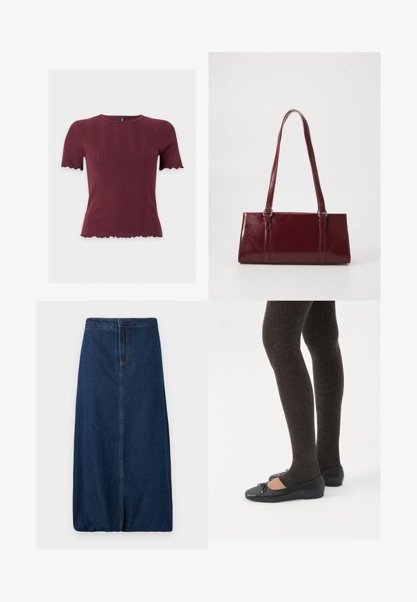 Haut en maille bordeaux à manches courtes avec bords festonnés aux manches et à l'ourlet, présentant un col rond et une texture verticale subtile.; Jupe droite en denim bleu foncé avec couture à l'avant et ceinture, longueur genou, sans poches ni boutons visibles, design sobre.; Jambes portant des leggings côtelés foncés associés à des ballerines noires avec de petits détails en nœud sur fond blanc.; Sac à main bordeaux en matériau brillant, de forme rectangulaire, avec deux anses et des accents légèrement courbés à l'avant.