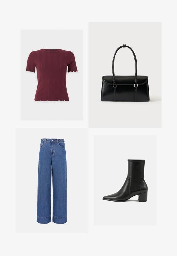 Kortermig bordeaux gebreid topje met geschulpte randen aan mouwen en zoom, met een ronde halslijn en subtiele verticale structuur.; Blauwe denim jeans met wijde pijpen, gevlochten tailleband, knopen aan de voorkant en zakken, weergegeven op een effen achtergrond.; Zwarte enkelboot van soepel leer, met een spitse neus, een blokhak en duidelijke verhoogde stiksels aan de bovenrand.; Zwarte leren rechthoekige handtas met klep en twee lange handvatten tegen een effen witte achtergrond.