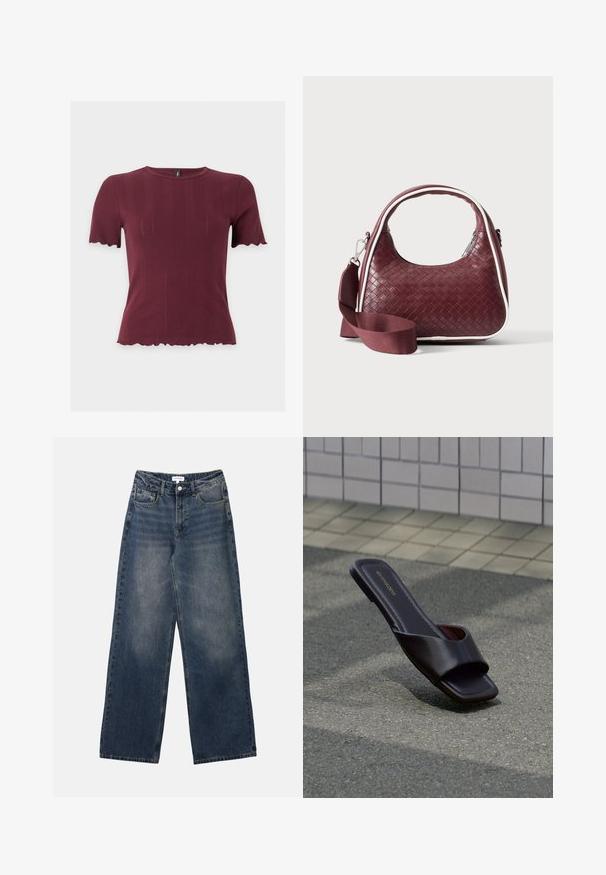 Kortærmet bordeaux striktop med bølgede kanter på ærmer og kant, med rund halsudskæring og subtil lodret tekstur.; Mænds højtaljede blå denim jeans med brede ben, frontknap og lynlås samt for- og baglommer.; Mørkebrun sandal med åben tå, firkantet tå og bred rem, hvilende på grå asfalt nær flisebelagt fortov.; Mørkerød vævet lædertaske med buet hank, hvid kant, sølv lynlås og aftagelig bred stofskulderrem mod en ensfarvet baggrund.