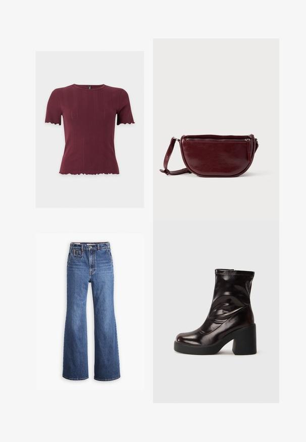 Kortærmet bordeaux striktop med bølgede kanter på ærmer og kant, med rund halsudskæring og subtil lodret tekstur.; Højtaljede blå denimjeans med bred ben-design, som har en frontlomme, messingknaplukning og kontrastsyninger.; Lysende sorte ankelstøvler med kraftig blokhæl og rund tå, glat læderoverdel med diskrete syninger.; Vinrød læderhåndtaske med halvmåneform, lynlås og aftagelig rem. Glat tekstur med en subtil glans.