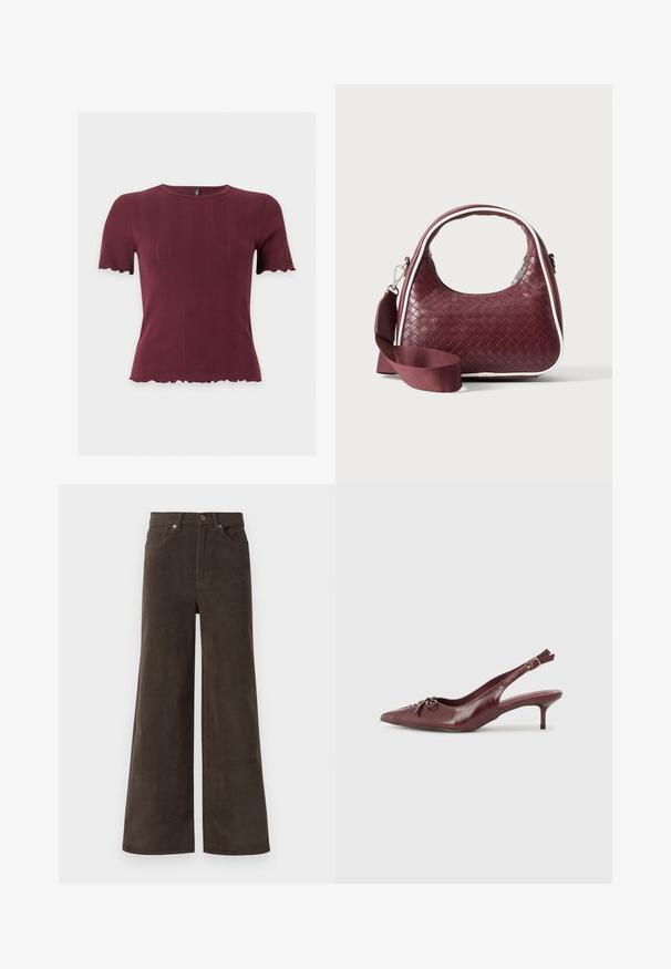 Haut en maille bordeaux à manches courtes avec bords festonnés aux manches et à l'ourlet, présentant un col rond et une texture verticale subtile.; Pantalons en velours côtelé larges marron foncé avec poches avant, passants de ceinture et fermeture à boutons à la taille.; Talons slingback en cuir bordeaux avec un embout pointu, une sangle ajustable et un détail de nœud décoratif à l'avant. Hauteur du talon de 7,5 cm.; Sac à main en cuir tressé marron foncé avec poignée courbée, garniture blanche, fermeture éclair argentée et bandoulière large en tissu amovible sur fond uni.