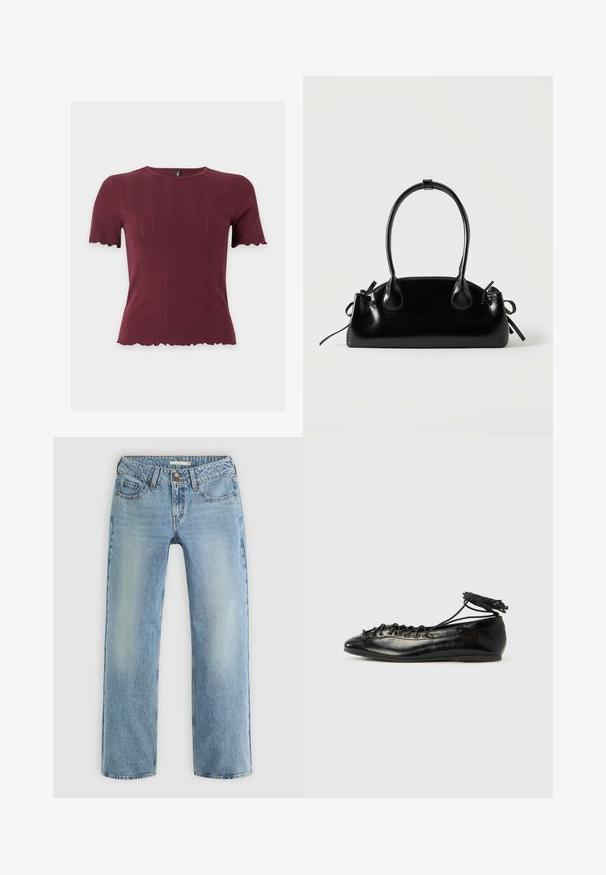 Haut en maille bordeaux à manches courtes avec bords festonnés aux manches et à l'ourlet, présentant un col rond et une texture verticale subtile.; Jeans droits bleu clair en denim, dotés d'une fermeture à bouton, de cinq poches et d'un léger dégradé le long des jambes.; Ballerines en cuir verni noir avec un bout rond, un design à lacets et une semelle plate. Texture lisse avec peu de détails.; Petit sac à main noir brillant avec deux longues anses et des détails à cordon sur les côtés sur un fond clair uni.