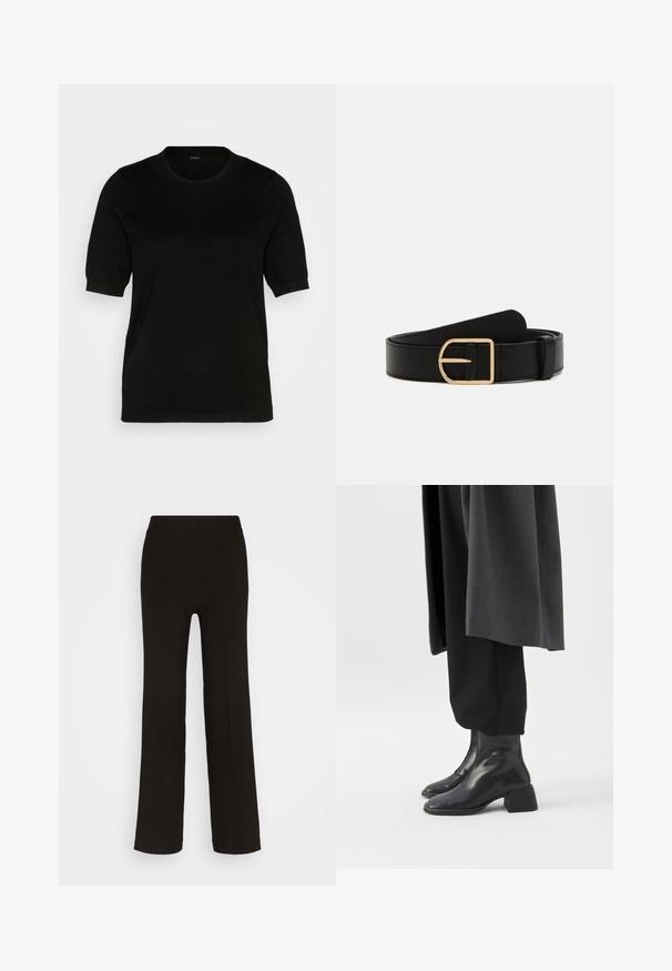 Pull noir à manches courtes avec un col rond, texture tricot lisse et coupe ajustée, présentant des poignets et un ourlet côtelés pour une finition soignée.; Pantalons noirs à jambes larges en tissu lisse, dotés d'une taille haute ajustée et sans matériel ni motifs visibles.; Bottines en cuir noir à talons blocs bas portées avec un pantalon noir et un long manteau gris foncé.; Ceinture en cuir noir avec une boucle carrée en or. Présente une texture lisse et un design classique, adaptée à une tenue décontractée ou formelle.