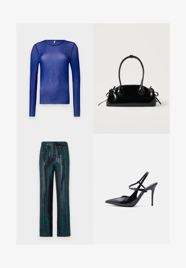 Haut transparent à manches longues de couleur bleue orné de petits gemmes bleues, avec un col rond et un tissu lisse, légèrement texturé.; Pantalons noirs ornés de motifs en sequins turquoise et argent, avec une coupe large et une taille élastique.; Chaussure à talon haut en cuir verni noir à bout pointu, avec deux fines brides de cheville ajustables et un talon aiguille, vue de côté.; Petit sac à main noir brillant avec deux longues anses et des détails à cordon sur les côtés sur un fond clair uni.