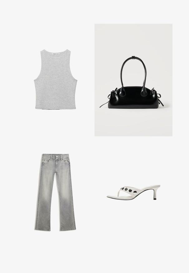 Débardeur court gris clair sans manches avec un col rond et une étiquette de marque visible au niveau du col arrière.; Jeans flare en denim gris avec une finition délavée, dotés d'une fermeture à bouton, de cinq poches et de coutures le long de la taille et de l'ourlet.; Sandale à talon blanche de style tongs avec un talon fin de hauteur moyenne et quatre gros clous ronds noirs sur la bride.; Petit sac à main noir brillant avec deux longues anses et des détails à cordon sur les côtés sur un fond clair uni.