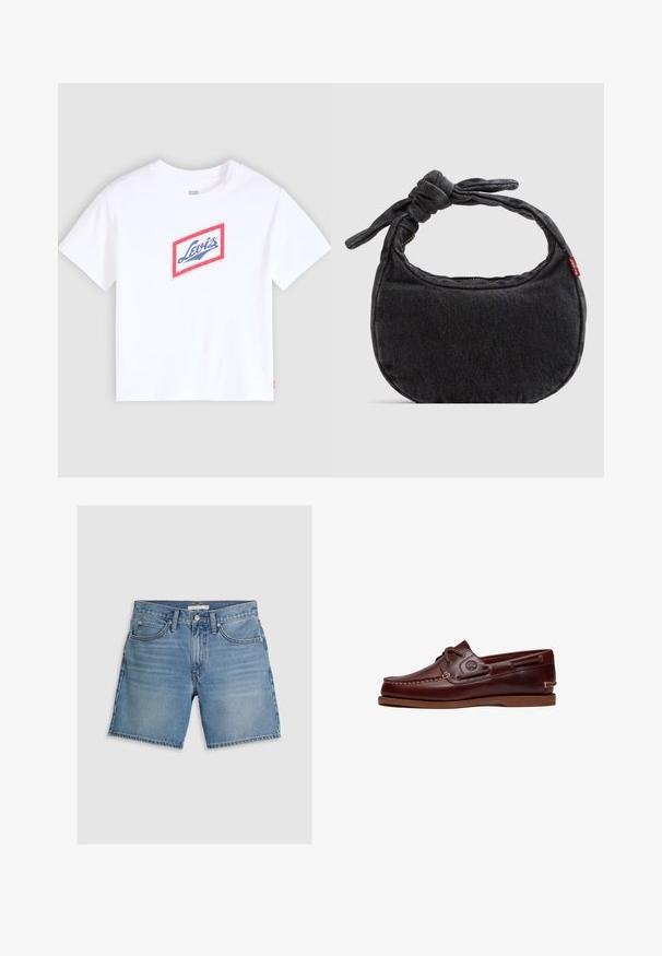 Witte T-shirt met korte mouwen, met een diamantvormig logo met rode rand en blauwe "Levi's"-tekst in het midden van de borst.; Leren denim shorts in lichtblauw, met een rechte snit, vijf zakken en een knoopsluiting. Gemaakt van katoen met een gladde textuur.; Bruine leren boot schoen met veters, stiksel details en Timberland-logo aan de zijkant, weergegeven op een witte achtergrond.; Kleine zwarte denim schoudertas met een gestrikte riem en ritssluiting, met een rood Levi's stoffen label aan de zijkant.