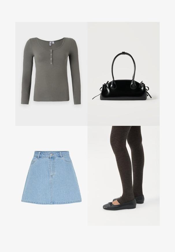 Top de manga larga con canalé en verde oliva, escote redondo y cuatro botones a presión plateados en la tapeta frontal.; Falda línea A de denim azul claro con cierre frontal de botones y cremallera, presillas para cinturón y dos bolsillos delanteros.; Piernas con leggings oscuros acanalados combinados con bailarinas negras que presentan pequeños detalles de lazo sobre un fondo blanco.; Pequeño bolso negro brillante con dos asas largas y detalles de cordón lateral sobre un fondo claro liso.