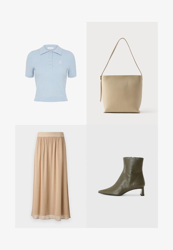 Lichtblauw gebreid poloshirt met korte mouwen, kabelpatroon, geribde zoom, knoopsluiting, puntige kraag en een subtiel geborduurd logo op de borst.; Beige midi-rok met een brede elastische tailleband waarop de merknaam staat. Zacht, vloeiend materiaal met een gladde textuur en een eenvoudig ontwerp.; Olijfgroene leren enkellaars met een spitse neus en een blokhak van 4 cm; gladde textuur en minimalistisch ontwerp met een ritssluiting.; Beige leren schoudertas met een zachte textuur, minimalistisch design, enkele riem en een discrete bovenste ritssluiting.