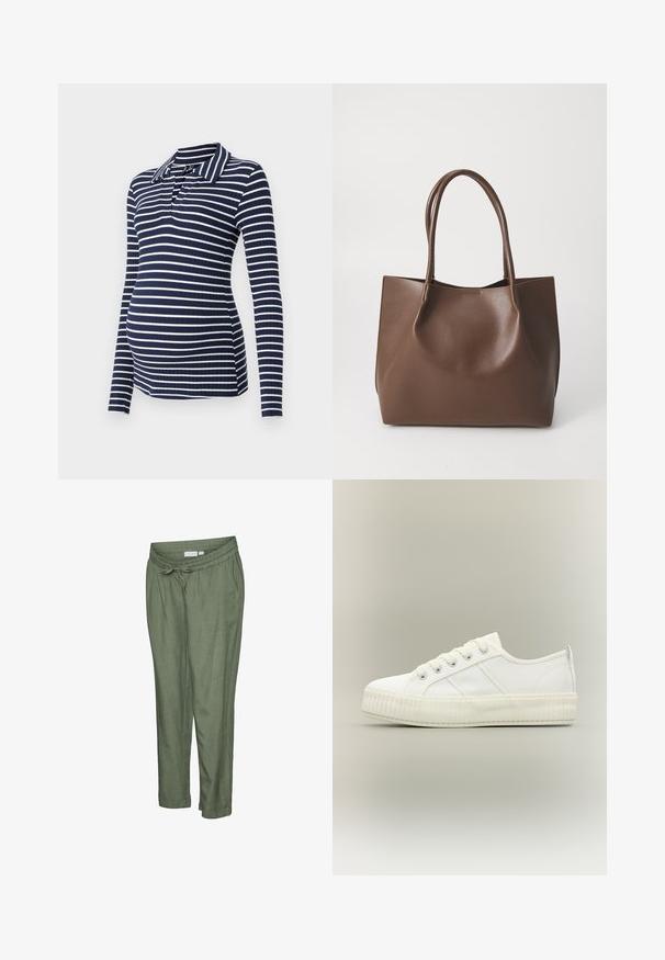 Chemise de maternité à manches longues en rayures bleu marine et blanches, texture côtelée, avec un col et un décolleté en V, conçue pour une silhouette ajustée.; Pantalon léger de couleur vert olive avec une coupe décontractée. Caractérisé par une taille élastique avec cordon de serrage, des ourlets retroussés et des poches latérales.; Baskets basses blanches avec semelle épaisse côtelée, lacets à l'avant et languette à l'arrière sur fond neutre.; Sac en cuir marron avec deux longues poignées, forme structurée, texture lisse et design minimaliste. Aucun matériel ni accent visible.