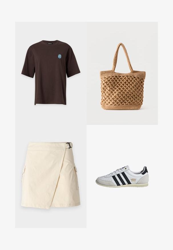 Mørkebrun t-shirt med korte ærmer med en lille blå og gul patch på venstre bryst med teksten "Take Me To Lunch."; Beige omslagskørter lavet af letvægtsstof, med en sidebuckle, to cargo-lommer og en ren kant.; Hvide sneakers med sorte striber og guldbranding. Fremstillet af suede og lædermaterialer, med perforeret overdel og struktureret gummisål.; Tan vævet shoppertaske med åben netstruktur og solid bund, udstyret med to skulderstropper.