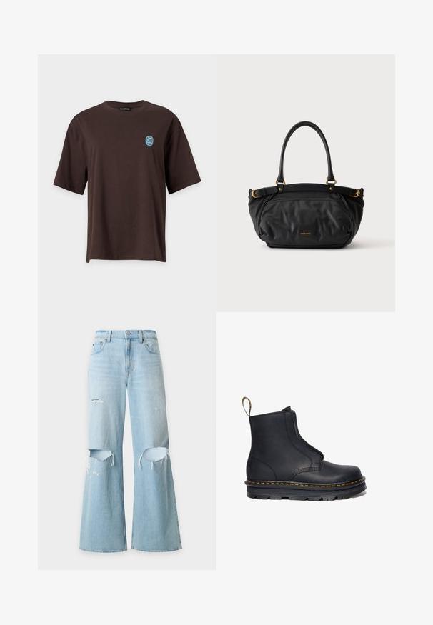 Dunkelbraunes kurzärmeliges T-Shirt mit einem kleinen blau-gelben Aufnäher auf der linken Brust mit der Aufschrift "Take Me To Lunch."; Hellblaue Jeans mit weitem Bein, hoher Taille und abgenutzten Rissen an beiden Knien sowie einem kleinen Riss am linken Oberschenkel.; Schwarze Leder-Stiefelette mit elastischen seitlichen Einsätzen, runder Zehenform, kontrastierenden gelben Nähten und einer robusten Gummisohle.; Schwarze Lederhandtasche mit zwei Griffen, goldfarbenen Schnallen und kleinem goldfarbenem Markenlogo in der vorderen Mitte.