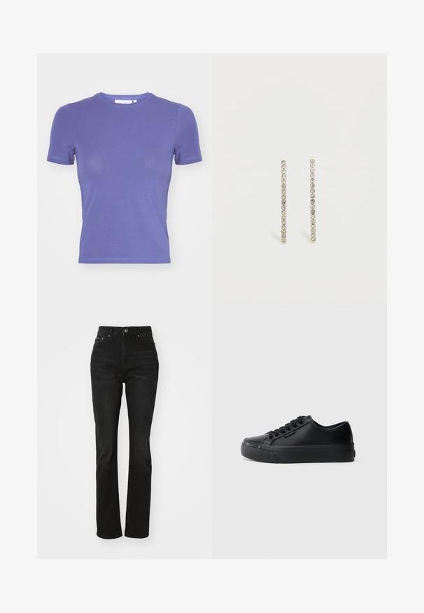 Weekday SLIM FITTED - Βασικό μπλουζάκι - purple; Μαύρα τζιν παντελόνια ψηλόμεσα με ίσια γραμμή, κατασκευασμένα από τζιν. Διαθέτουν κλασικό στυλ πέντε τσεπών και κλείσιμο με ασημένιο κουμπί.; Μαύρα αθλητικά παπούτσια από λείο δέρμα, με στρογγυλεμένη μύτη, έξι τρύπες για κορδόνια και παχιά σόλα από καουτσούκ. Λεπτομέρεια λογοτύπου στο πλάι.; Ασημί γραμμικά σκουλαρίκια με μικρούς διαυγείς κρυστάλλους σε κατακόρυφη σειρά, που αναδεικνύουν τον κομψό και μινιμαλιστικό σχεδιασμό τους.
