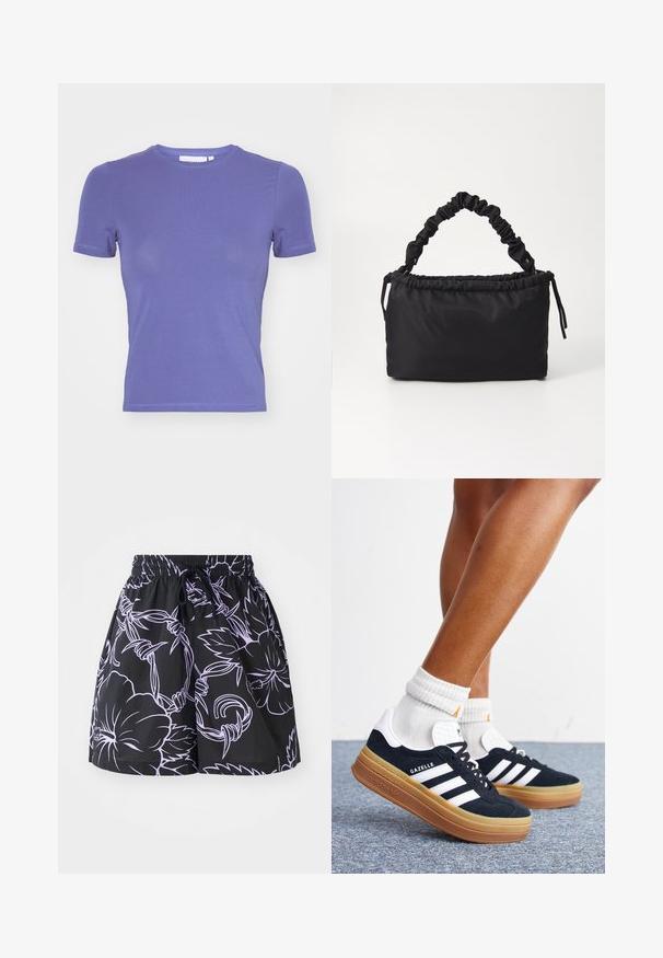 Weekday SLIM FITTED - T-paita - purple; Mustat shortsit, joissa on nauhavyötärö, ja jotka esittelevät kontrastivärisiä vaaleanpunaisia kukka- ja lehtikuvioita tasaisella taustalla.; Jalat pukeutuneina valkoisiin sukkiin ja mustiin Adidas Gazelle -lenkkareihin, joissa valkoiset raidat ja paksut ruskeat pohjat harmaalla matolla.; Mustapussi, joka on valmistettu pehmeästä ja sileästä kankaasta. Ominaisuuksiin kuuluu kerätty kahva ja narukiristys, suorakaiteen muotoinen ja ilman näkyvää metalliosaa.