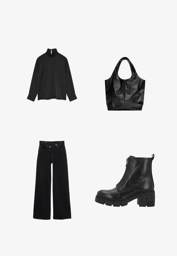 Schwarzes Langarmoberteil mit hohem Kragen und einem Reißverschluss auf der Rückseite. Glatter Stoff, lockere Passform und gekrempelte Ärmel. Minimalistisches Design ohne Muster.; Schwarze hochtaillierte weit geschnittene Jeans mit Fronttaschen, Gürtelschlaufen und doppelt geknöpftem Verschluss.; Schwarze Leder-Stiefelette mit seitlichem Reißverschluss, dicker Sohle und Blockabsatz. Verfügt über dezente Nähte und ein Logo an der Außenseite.; Schwarze Leder-Tote mit glatter Textur, weichem, abgerundetem Oberteil und breiten Tragegriffen. Merkmale minimale Nähte und eine lässige Silhouette.