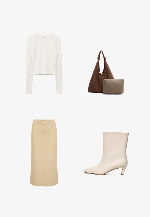 Hvid, langærmet sweater med tekstureret strikkemønster. Har rund hals og cropped kant, lavet af et blødt, let stof.; Strik midi nederdel i lys tan, med en ribbet talje og en lige silhuet med en glat, blød tekstur.; Beige læder ankelstøvle med spids tå og konisk hæl. Glat tekstur med minimal syning og en strømlinet silhuet.; Brun ruskinds skuldertaske med en knyttet rem, der inkluderer en lille beige lynlåspung. Tasken har en blød tekstur og et enkelt design.