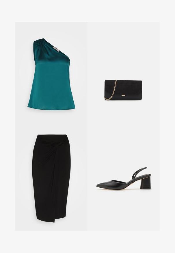 Anna Field by Zalando Top - dark green; Falda negra a la altura de la rodilla hecha de una tela suave y elástica, con un detalle de nudo retorcido en la cintura y una silueta ajustada y elegante.; Zapato slingback de cuero negro con punta puntiaguda, tacón bajo de bloque y diseño minimalista con finas tiras y textura suave.; Bolso de mano negro hecho de ante con un acabado texturizado, que presenta una cadena dorada y un diseño elegante y angular.