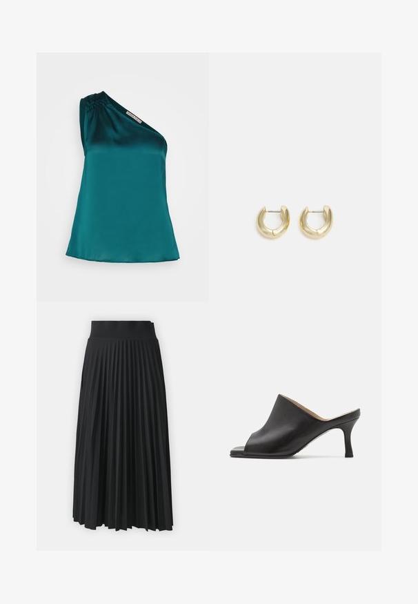 Anna Field by Zalando Top - dark green; Sort plisseret nederdel med en bredtalje, prydet med ensartede lodrette folder. Glat tekstur med et svævende design.; Selected ASHLEY - Mules med hæl - black; Guld-tone hoop øreringe med en glat, poleret overflade. Har en halvcirkelform og en sikker stiftlukning.