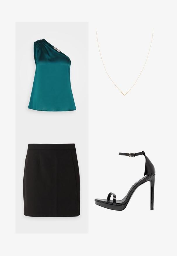 Anna Field by Zalando Top - dark green; Sort knælængde, lige nederdel med en tætsiddende talje og subtile sømdetaljer på en hvid baggrund.; Steve Madden MILANO - Højhælede sandaletter / Højhælede sandaler - black; Guldtonet halskæde med en tynd kæde og en V-formet vedhæng. Elegant design med en glat, poleret overflade og minimale detaljer.