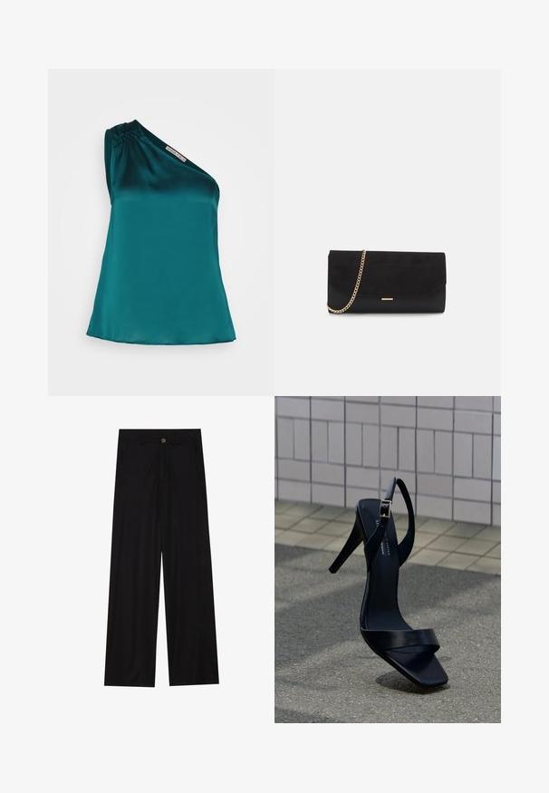 Anna Field by Zalando Débardeur - dark green; Pantalons noirs à jambes larges en tissu lisse, avec poches avant et fermeture à bouton à la taille. Design minimaliste sans motifs.; Sandale noire à talon haut avec bride à la cheville et bout carré, posée sur le pavé devant un mur carrelé.; Porte-monnaie noir en daim avec une finition texturée, doté d'une chaîne dorée et d'un design épuré et angulaire.