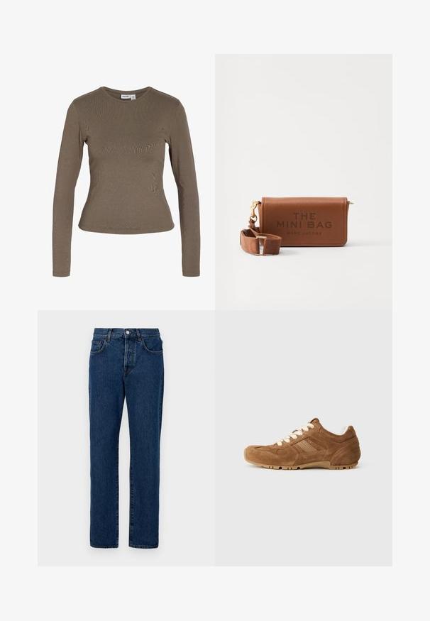 Langärmeliges, figurbetontes Shirt mit Rundhalsausschnitt in einfarbigem Braun mit einfachem Design und ohne sichtbare Muster oder Logos.; Jeans aus Denim in Dunkelblau, mit einem klassischen geraden Schnitt, fünf Taschen und sichtbaren Nähten. Der Stoff hat eine leichte Struktur.; Wildleder-braune Sneakers mit cremefarbenen Schnürsenkeln, strukturierten Seitenpaneelen und einer gummierten Sohle mit Rillen. Abgerundete Zehenform und gepolsterter Kragen.; Braune Leder-Minik Tasche mit geprägtem Text, einem Reißverschluss und einem abnehmbaren Tragegurt für vielseitigen Transport. Goldene Akzente inklusive.