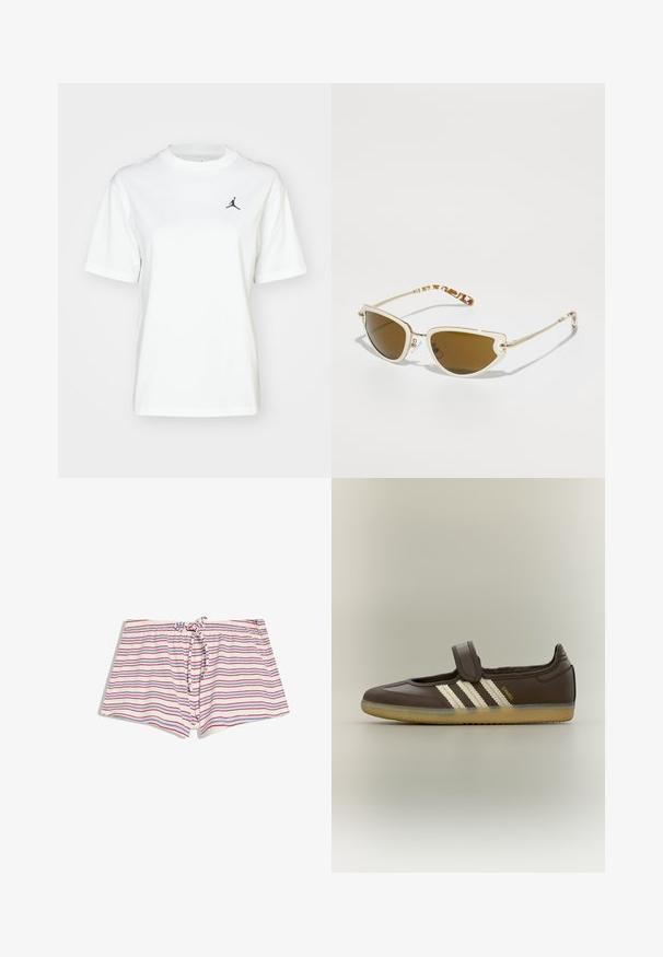 T-shirt en coton blanc à manches courtes, col rond, avec un petit logo Jordan noir sur la partie supérieure gauche de la poitrine.; Shorts blancs avec des rayures horizontales rouges et bleues, taille élastique et cordon de serrage à l'avant.; Chaussure Adidas Samba marron avec des bandes blanches, semelle en gomme et une seule bride Velcro sur le dessus, vue de profil.; Lunettes de soleil style œil de chat avec verres marron, monture en plastique blanche et accents métalliques dorés. Motif écaille sur les branches, design élégant.