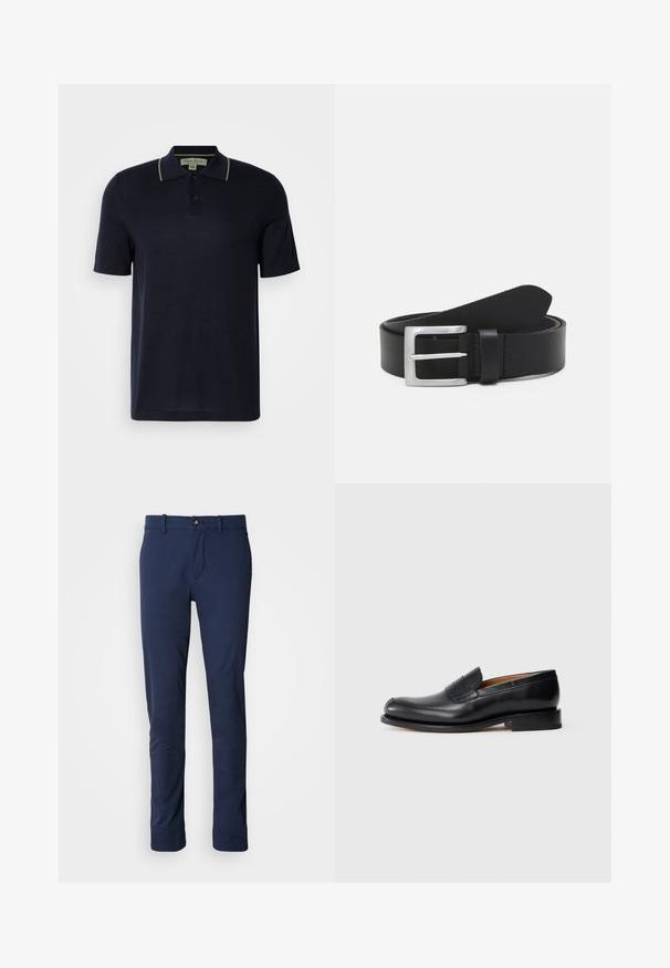 Marineblaues Poloshirt mit kurzen Ärmeln, zwei Knöpfen und dezentem beigefarbenen Saum am Kragen, vor einem einfarbigen hellen Hintergrund präsentiert.; Hose in Marineblau aus glattem Stoff mit geradem Bein, Reißverschluss und einer vorderen Tasche mit Knopfverschluss.; Schwarze Lederloafer mit glatter Oberfläche, abgerundetem Zehenbereich und kleiner Vorderklappe. Verfügt über einen niedrigen, einfarbigen schwarzen Absatz und minimale Designakzente.; Schwarzer Leder Gürtel mit glatter Textur, silberner rechteckiger Schnalle und einer Schlaufe für das Ende. Verfügt über eine saubere Naht entlang der Kanten.