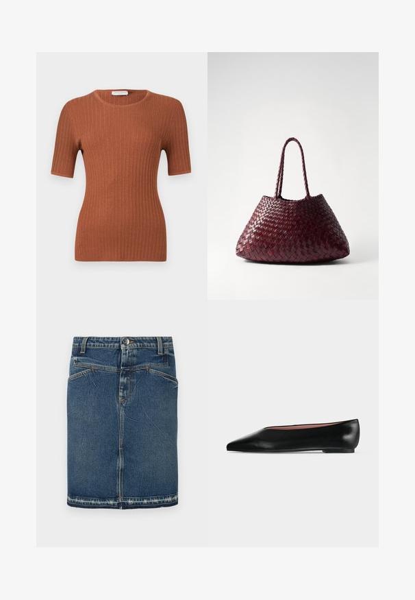 Geribde korte mouwen gebreide top in roestbruin met ronde hals, aansluitende pasvorm en subtiele textuur.; Denimrok met een klassieke blauwe wassing, vijfzakkenontwerp en rafelige zoom. Sluit met een knoop en ritssluiting aan de voorkant.; Zwarte leren damesschoen met platte zool, puntige neus en lage hak, zijwaarts afgebeeld tegen een effen lichtgrijze achtergrond.; DRAGON DIFFUSION SANTA CROCE BIG - Handtas - bordo