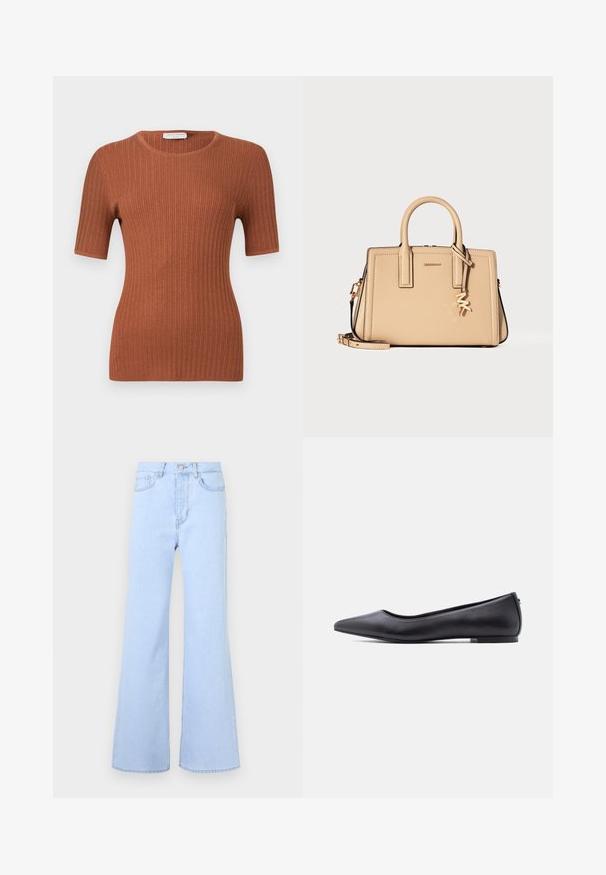 Ribbede strikkede kortærmede top i rustbrun med rund halsudskæring, tætsiddende silhuet og subtil tekstur.; Lyseblå flagrende jeans med høj talje, der har fem lommer, knaplukning og en glat denimstruktur. Kanten er pænt syet.; Sort flad lædersko med spidst tåparti og lav hæl, vist i sideprofil mod en hvid baggrund.; Beige læderhåndtaske med to håndtag, aftagelig skulderrem og guldfarvet Michael Kors logo vedhæng på en ensfarvet baggrund.