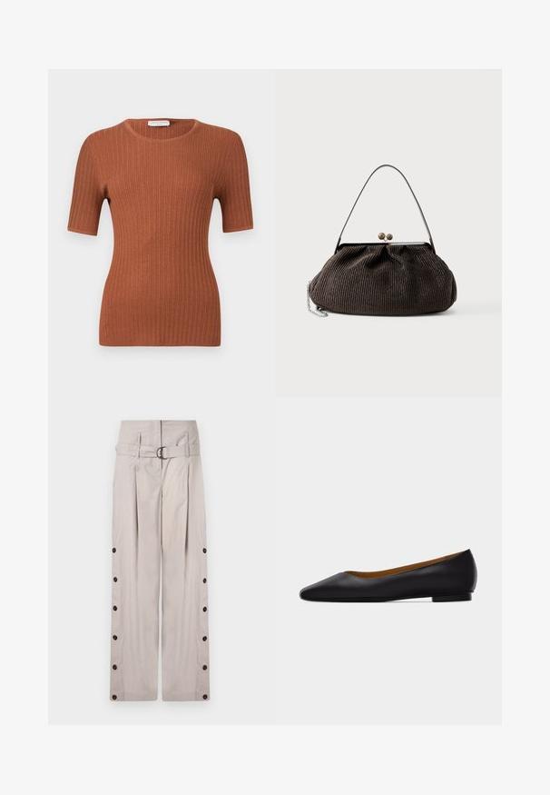 Gerippter Strick-Top mit kurzen Ärmeln in Rostbraun, Rundhalsausschnitt, figurbetonter Silhouette und subtiler Textur.; Beige weite Hosen aus weichem Stoff mit einem hohen Taillenbund, seitlichen Knöpfen und einem klaren, maßgeschneiderten Look.; Schwarzer flacher Schuh aus Leder mit spitz zulaufender Vorderkappe, niedrigem Absatz und glatter Oberfläche, von der Seite vor einem hellgrauen Hintergrund dargestellt.; Kleine dunkelbraune Handtasche mit strukturierter Oberfläche, kurzem Riemen, Metallrahmen und Schnappverschluss, liegend auf einem schlichten hellen Hintergrund.