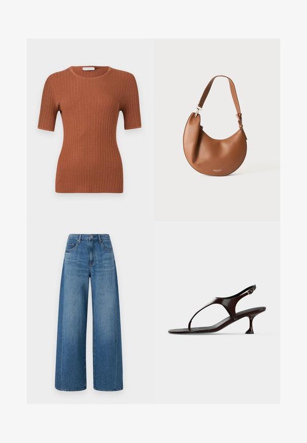 Gerippter Strick-Top mit kurzen Ärmeln in Rostbraun, Rundhalsausschnitt, figurbetonter Silhouette und subtiler Textur.; Hellebluejeans mit weitem Bein und mittlerem Wasch-Effekt, mit hoher Taille, fünf Taschen und subtilen Abnutzungen. Aus Denim mit einer glatten Textur gefertigt.; Dunkelbraune Lackleder-Slingback-Sandale mit kittenabsatz und Zehensteg auf weißem Hintergrund.; Braune Lederschultertasche in Halbmondform mit verstellbarem Riemen und kleinem silbernem Logo-Schriftzug unten in der Mitte.