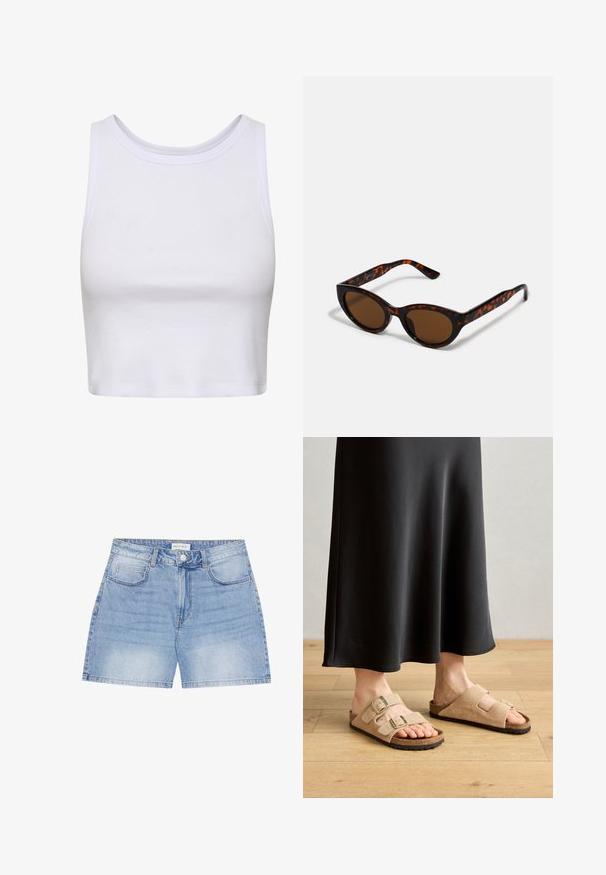 Biely crop top vyrobený z rebrovanej látky, s okrúhlym výstrihom a bezrukávovým dizajnom so priliehavým strihom. Bez vzorov alebo akcentov.; Svetlomodré denimové krátke nohavice s predným zapínaním na gombíky, pútkami na opasok a päťvreckovým strihom, značka Anna Field.; Svetlooranžové semišové sandále s dvoma nastaviteľnými prackami, korkovou stielkou a gumovou podrážkou, skombinované s čiernou sukňou až po zem.; Hnedé slnečné okuliare v štýle tortoiseshell s vintage cat-eye tvarom a hnedými sklami. Majú zakrivené ramienka s červenými akcentmi.