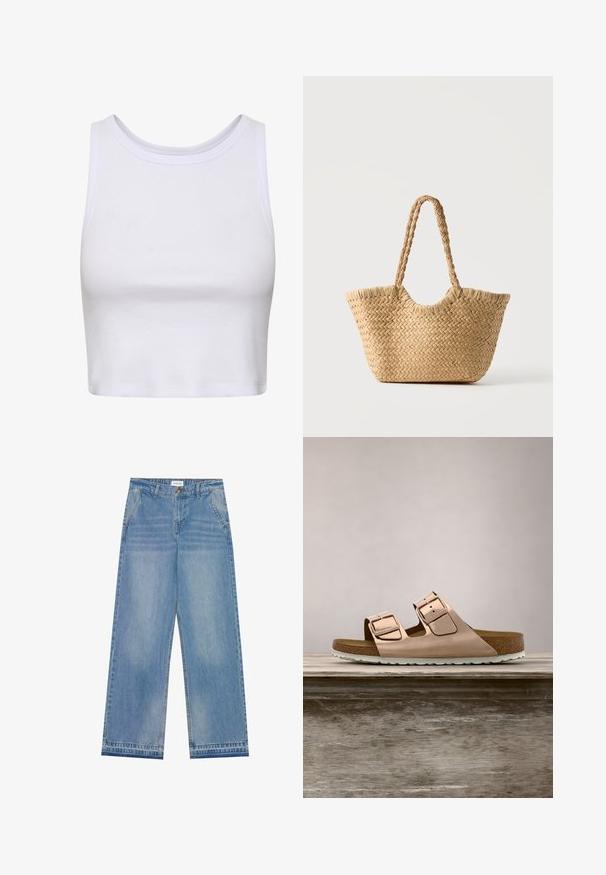 Top corto blanco hecho de tela acanalada, con un cuello redondeado y un diseño sin mangas, que presenta una silueta ajustada. Sin patrones ni detalles.; Jeans de pierna ancha de cintura alta en azul claro con cierre de botón, bolsillos frontales, pasadores para cinturón y un sutil desgaste.; Sandalias deslizantes en oro rosa con dos hebillas metálicas ajustables, plantilla de corcho y suela de goma blanca. Acabado metálico suave, diseño de punta abierta.; Bolso tote de paja trenzada con base ancha, asas trenzadas y color beige natural sobre fondo blanco liso.