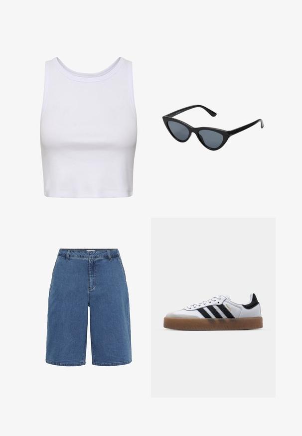 Valge lühike topp, mis on valmistatud ribakangast, ümarate kaelustega ja varrukateta kujundusega, millel on keha lähedane siluett. Ilma mustrite või aktsentideta.; Sinised pesu denim lühikesed püksid klassikalise lõikega, viie taskuga ja kontrastõmblustega ühendustes. Keskmise kõrgusega vöökoht ja sirged sääred.; Valged nahast tossud mustade triipudega, kummist välistald, ümmargune nina, seotud sulgemine ja pehme hall suede ninaosa.; Mustad musta kassi silmadega päikeseprillid tumedate hallide läätsedega, stiilne plastraam, teravad nurgad ja sirged kaared. Nähtavad metallist osad või aksessuaarid puuduvad.