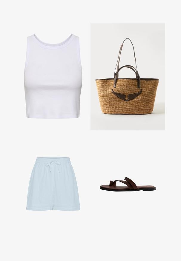 Hvid crop-top lavet af ribbet stof, med en rund halsudskæring og ærmeløs design samt en figursyet silhuet. Ingen mønstre eller detaljer.; Lyseblå bomulds shorts med en afslappet pasform, elastisk talje og justerbar snor. Har blødt, tekstureret stof og sidesømme.; Flad brun lædersandal med to remme, en der går rundt om storetåen og en bredere rem, der krydser foden nær anklen.; Vævet halmtaske med mørkebrune læderhåndtag og en læderdekoration formet som en vinge foran.